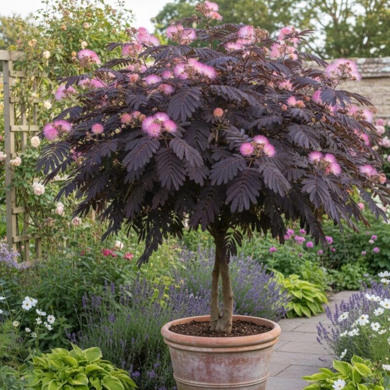 Csüngő bordó levelű selyemakác (Albizia julibrissin ‘Chocolate Fountain’).